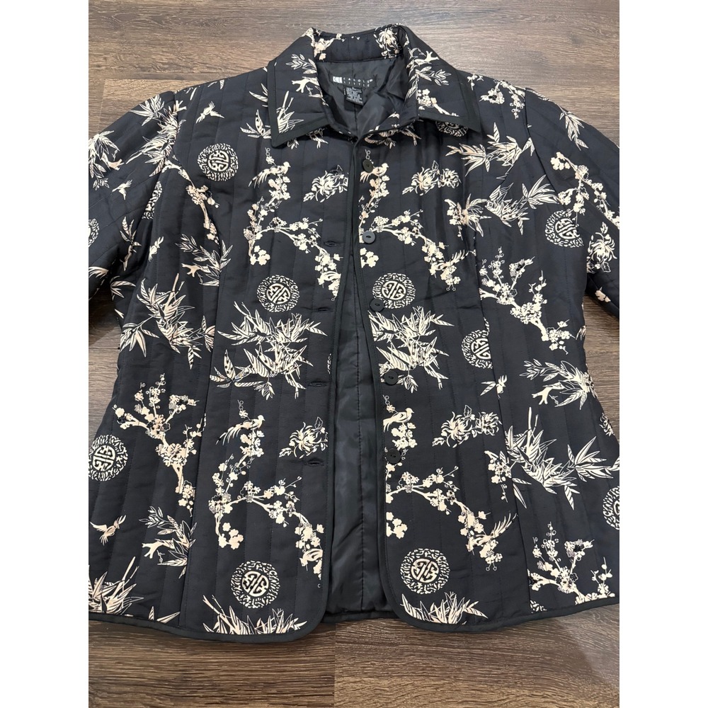 Carole Little Silk Jacket Womens Large Black Asian Floral Quilted
